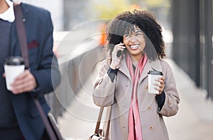 Happy, travel or business woman with phone call for contact us, schedule or networking in London street. Smile, 5g