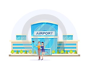 Happy travel female friends posing taking selfie at airport building exterior enjoying vacation