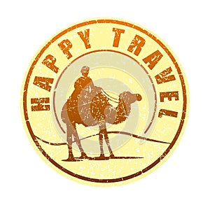 Happy travel - rubber stamp in sun tones with the silhouette of