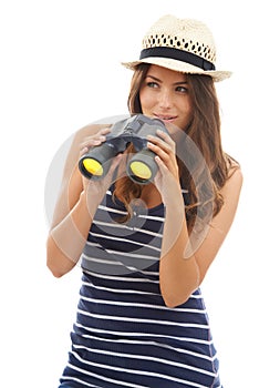 Happy, travel and woman with binoculars to watch on vacation, holiday or adventure. Vision, glass and person with