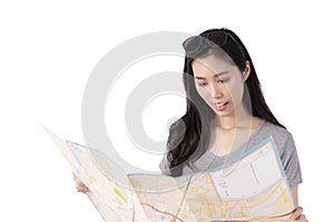 Happy travel woman looking at map isolate on white background. Happy young Asian woman travel isolated on white background. Young