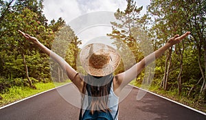 Happy travel woman on vacation concept. Funny traveler enjoy her trip and ready to adventure.