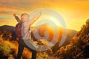 Happy traveler with backpack standing on a rock with raised hand