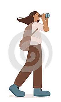 Happy traveler girl are looking at the mountains through binoculars vector illustration. Traveler character isolated on