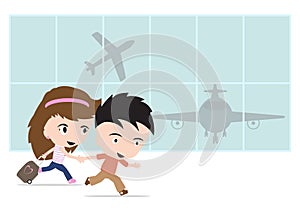 Happy traveler man and woman with luggage, going to airport and airplane for travel summer concept on white background