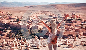 Happy traveler woman in Morocco