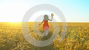 Happy traveler young hispanic beautiful woman running on wheat field in sunset summer. Freedom health happiness tourism