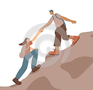 Happy travelers climb mountains. Vector illustration isolated on a white background. The concept of helping and teamwork