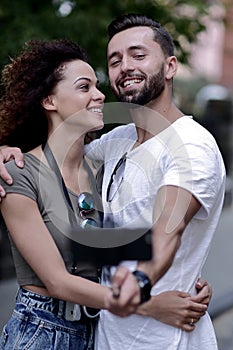 Happy traveling couple making selfie, romantic mood.