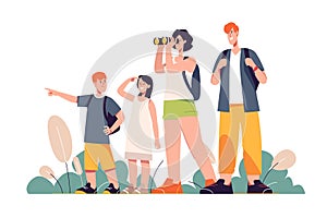 Happy traveling tourist family looking into the distance. Vector illustration