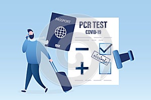 Happy traveller with negative PCR test for coronavirus. Male tourist with luggage and passport. Stamp- accepted on paper. New