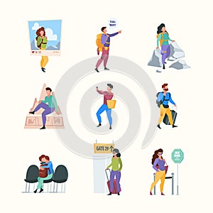 Happy travellers. Active happy outdoor persons friends going to vacation trip travel concept garish vector flat pictures