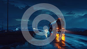 Happy truck driver transporting milk tanks on rainy night road