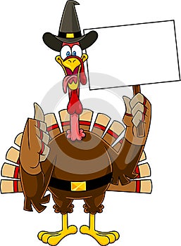 Happy Turkey Bird Cartoon Characters Showing Thumbs Up And Holding A Blank Sign