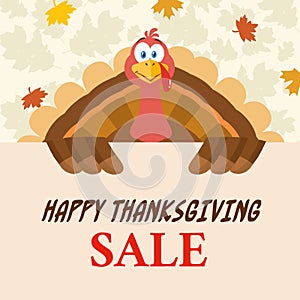 Happy Turkey Bird Cartoon Mascot Character Holding A Happy Thanksgiving Sale Sign