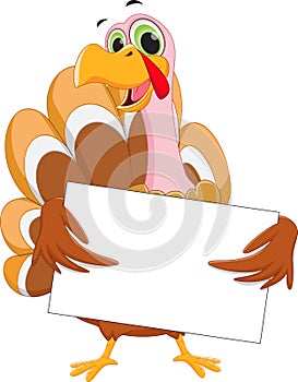 Happy turkey cartoon with blank sign