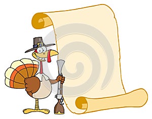 Happy turkey with pilgrim hat and musket