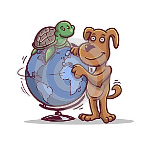 Happy Turtle and Dog on the globe