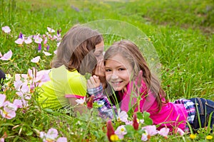 Happy twin sister girls playing whispering ear in meadow