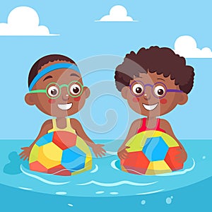 Happy Two African Boys Character Wear Goggles and Playing Football in Water for Pool Party on Summer