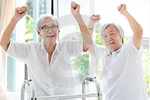 Happy two asian senior women raising fist and hurrah,time together,friends of elderly woman or sister smiling,laughing and raising