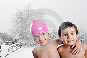Happy two children without clothes, outdoor scene