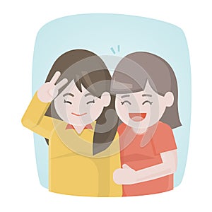 Happy two girls friends laughing and hug together. Young women enjoying, Vector illustration.