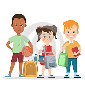 happy two little boys and a girl kids children wearing school bag basketball ball and book