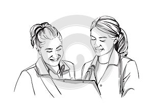 Happy two women doctors smiling Vector sketch storyboard. Detailed character illustrations