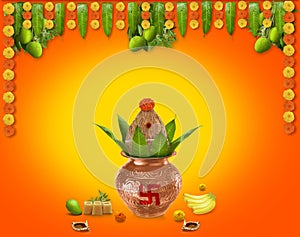 Happy Ugadi Greeting Card Background With Decorated Kalash and mangoes traditional new year festival in karnataka andra paradesh a