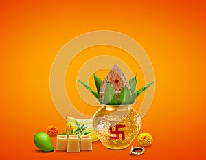 Happy Ugadi Greeting Card Background With Decorated Kalash and mangoes traditional new year festival in karnataka andra paradesh a