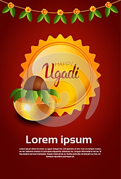 Happy Ugadi and Gudi Padwa Hindu New Year Greeting Card Holiday Pot With Coconut