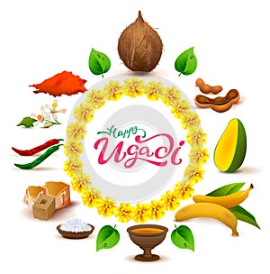 Happy Ugadi lettering text. Set of accessories food. Coconut, sugar, salt, pepper, banana, mango