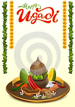 Happy Ugadi lettering text. Set Holiday accessories. Coconut, sugar, salt, pepper, banana, mango