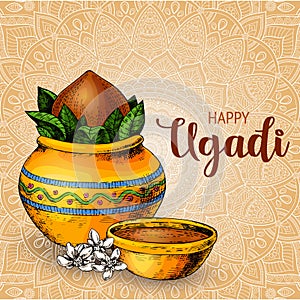 Happy Ugadi. Template greeting card for holiday. Sketch Style