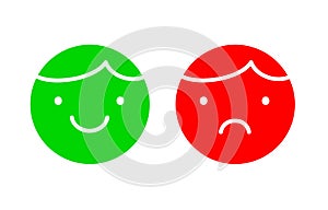 Happy and unhappy faces simple icons, green and red, yes or no symbols