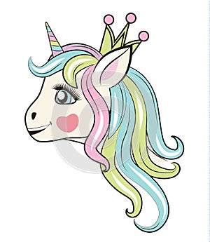 Happy unicorn head with crown. Can be used for baby t-shirt print, fashion print design