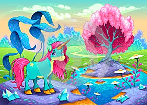 Happy unicorn in a landscape of dreams