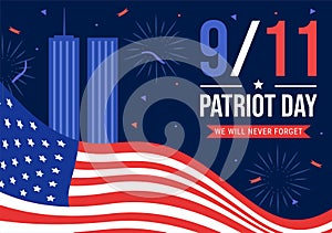 Happy USA Patriot Day Vector Illustration with United States Flag, 911 Memorial and We Will Never Forget Background Design