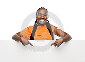 happy vaccinated woman with white banner