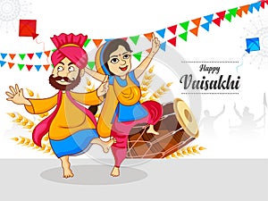 Happy vaisakhi, Baisakhi festival celebration with punjabi culture of india punjabi people dancing bhangra. Cute characters