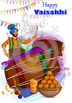 Happy Vaisakhi Punjabi religious holiday background for New Year festival of Punjab India