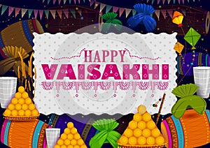 Happy Vaisakhi Punjabi religious holiday background for New Year festival of Punjab India