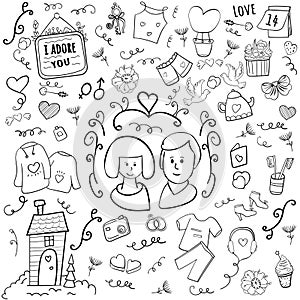 Happy valentine. 14 february doodle. Hearts and Love. Married couple. Cartoon vector Doodle illustration