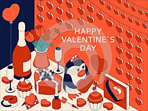 Happy Valentine Day background with cute isometric elements. Greeting card and Love template