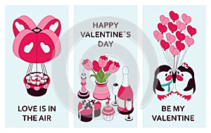 Happy Valentine Day background with cute isometric elements. Greeting card and Love template