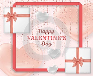 Happy Valentine Day background with shiny and glossy hearts. Pastel pink glitter and confetti. Greeting card and Love