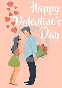 Happy valentine day card. Couple in romantic relationships. Guy gives girl flowers bouquet. Boyfriend and girlfriend on