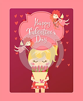 Happy Valentine day card, cute girl with flowers, vector illustration