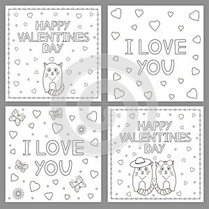 Happy Valentine Day cards set. Cats and hearts. Coloring pages